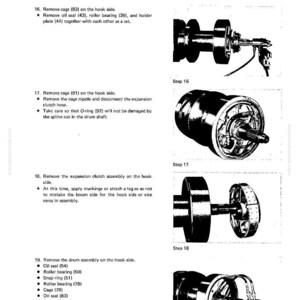May include: Technical diagram with step-by-step instructions for mechanical assembly. Includes images of components like cages, oil seals, bearings, and drum assemblies. Text details removal steps and part numbers.