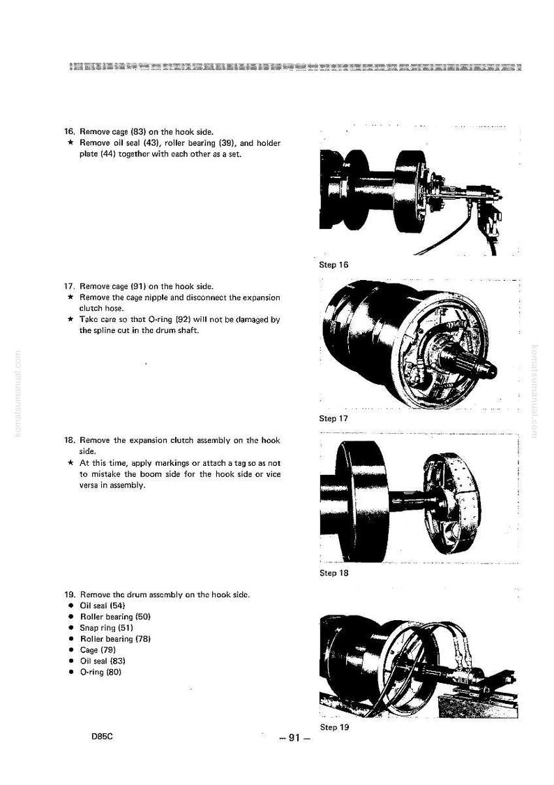 May include: Technical diagram with step-by-step instructions for mechanical assembly. Includes images of components like cages, oil seals, bearings, and drum assemblies. Text details removal steps and part numbers.