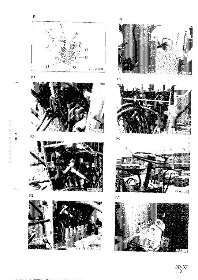 May include: A technical diagram from a manual, featuring various components and parts of a machine. The image is divided into multiple sections, labeled P1 through P7 and F1, with detailed illustrations and labels. The diagram includes text and numbers.