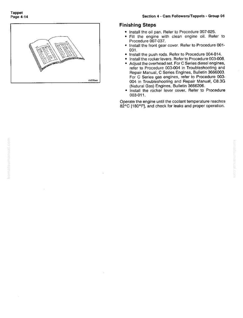 May include: A page from a manual with the title "Tappet" and "Page 4-14". The text describes "Finishing Steps" for an engine, including installing parts and checking for leaks. An illustration of an open book is in the upper left corner.