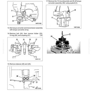 Op de afbeelding: Diagram van de demontage en montage van een aandrijfeenheid. De afbeelding toont verschillende componenten, waaronder buizen, bouten en assemblages, met labels en nummers voor elk onderdeel. Het diagram komt uit een handleiding.