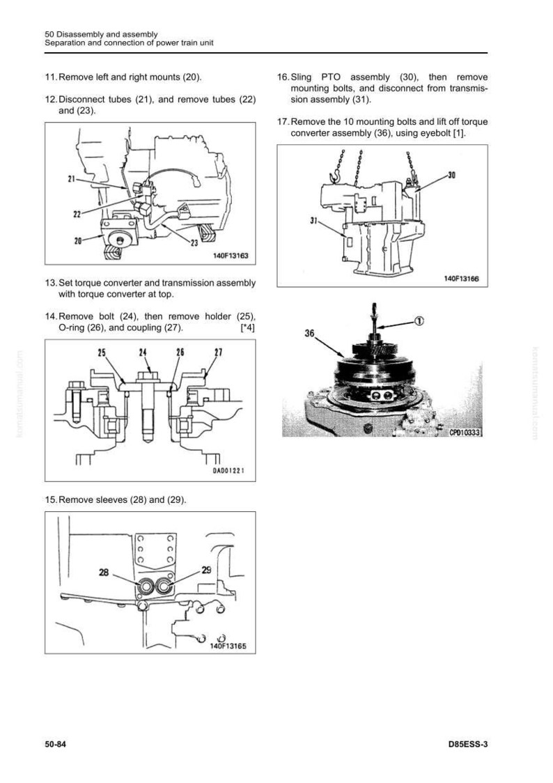 Op de afbeelding: Diagram van de demontage en montage van een aandrijfeenheid. De afbeelding toont verschillende componenten, waaronder buizen, bouten en assemblages, met labels en nummers voor elk onderdeel. Het diagram komt uit een handleiding.