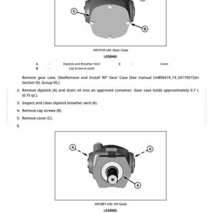May include: Diagram of a gear case and oil seals, with labels and instructions. The gear case is shown from multiple angles, with arrows pointing to various components. Text includes part numbers and removal steps.