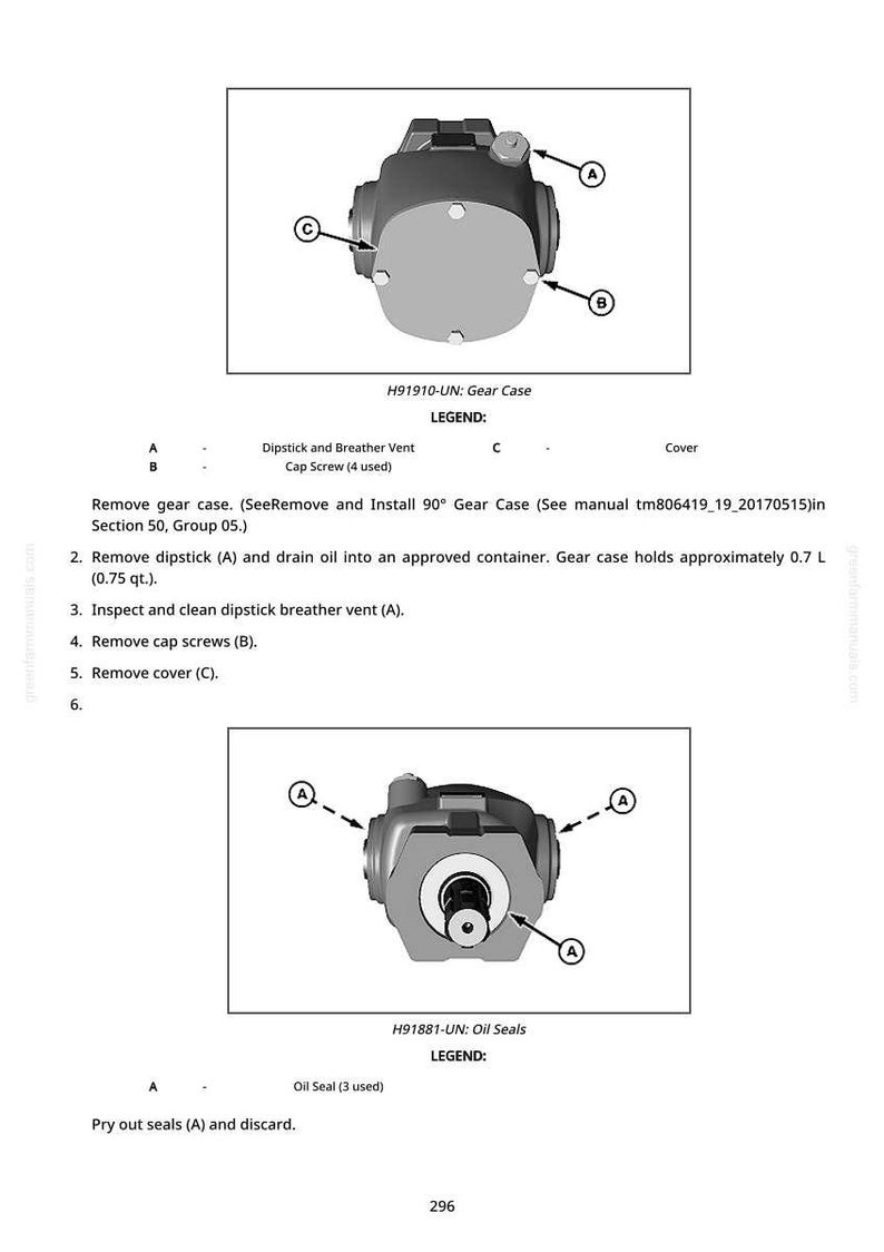 May include: Diagram of a gear case and oil seals, with labels and instructions. The gear case is shown from multiple angles, with arrows pointing to various components. Text includes part numbers and removal steps.