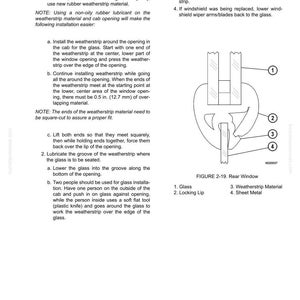 May include: Diagram illustrating rear window installation, with a cross-section showing glass, locking lip, weatherstrip material, and sheet metal. Instructions detail the weatherstrip and glass installation steps.