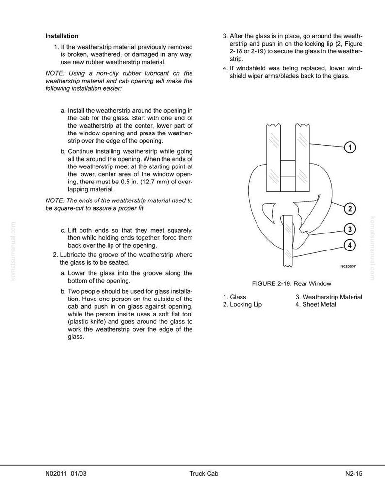 May include: Diagram illustrating rear window installation, with a cross-section showing glass, locking lip, weatherstrip material, and sheet metal. Instructions detail the weatherstrip and glass installation steps.