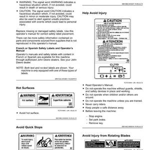Op de afbeelding: Een zwart-wit informatiepagina met veiligheidslabels en instructies. De tekst bevat waarschuwingen over hete oppervlakken, snelle stops en draaiende messen, met bijbehorende grafische symbolen. De pagina bevat ook instructies om letsel te voorkomen.