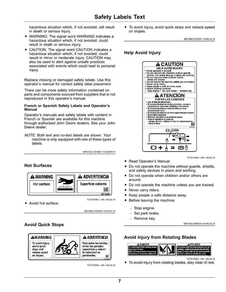 Op de afbeelding: Een zwart-wit informatiepagina met veiligheidslabels en instructies. De tekst bevat waarschuwingen over hete oppervlakken, snelle stops en draaiende messen, met bijbehorende grafische symbolen. De pagina bevat ook instructies om letsel te voorkomen.