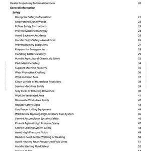 Puede incluir: Una p&aacute;gina de un manual titulada "Tabla de Contenidos". El texto enumera temas de seguridad como "Reconocer la informaci&oacute;n de seguridad", "Prevenir la fuga de la m&aacute;quina" y "Evitar accidentes de retroceso". Los n&uacute;meros de p&aacute;gina se enumeran a la derecha.