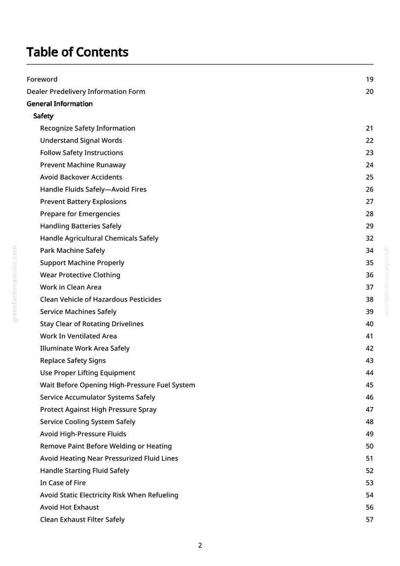 Puede incluir: Una p&aacute;gina de un manual titulada "Tabla de Contenidos". El texto enumera temas de seguridad como "Reconocer la informaci&oacute;n de seguridad", "Prevenir la fuga de la m&aacute;quina" y "Evitar accidentes de retroceso". Los n&uacute;meros de p&aacute;gina se enumeran a la derecha.