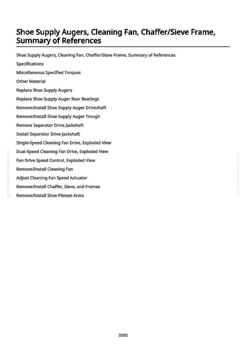 May include: A document titled "Shoe Supply Augers, Cleaning Fan, Chaffer/Sieve Frame, Summary of References." The text lists specifications, torques, and procedures for equipment maintenance, including augers, fans, and frames. The document is white with black text.