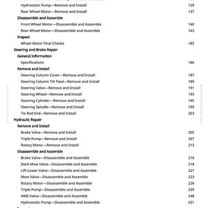 May include: A page from a repair manual with a table of contents. The headings include Drivetrain Repair, Steering and Brake Repair, and Hydraulic Repair. The text lists various repair procedures.