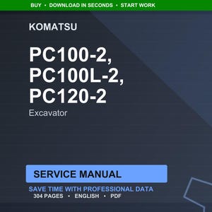 May include: A dark blue graphic with the Komatsu logo and the text "PC100-2, PC100L-2, PC120-2 Excavator". Below is a blue rectangle with the words "SERVICE MANUAL". The text "SAVE TIME WITH PROFESSIONAL DATA" is also visible.