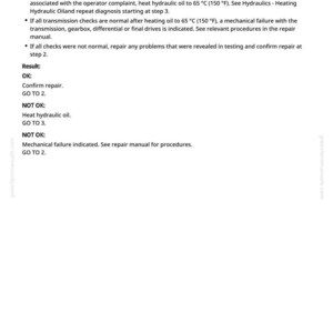 May include: A page from a repair manual with text detailing transmission testing and troubleshooting steps. The text includes instructions for normal and not-OK results, with references to heating hydraulic oil and mechanical failures.