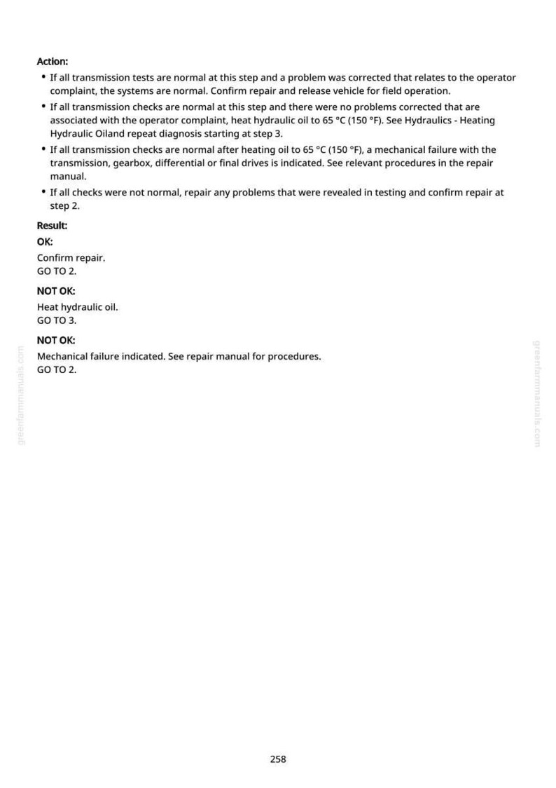 May include: A page from a repair manual with text detailing transmission testing and troubleshooting steps. The text includes instructions for normal and not-OK results, with references to heating hydraulic oil and mechanical failures.