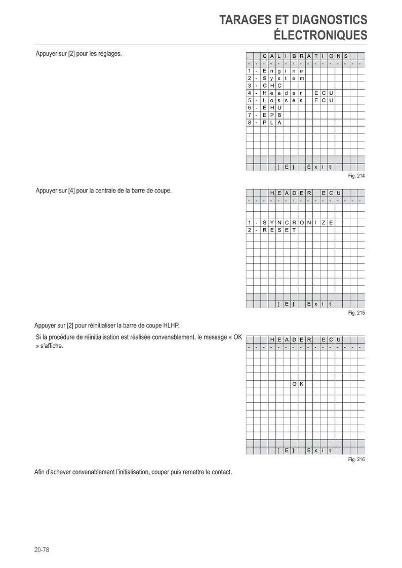 Puede incluir: Una p&aacute;gina de manual con el t&iacute;tulo &laquo;&nbsp;TARAGES ET DIAGNOSTICS &Eacute;LECTRONIQUES&nbsp;&raquo;. Contiene tablas con opciones de calibraci&oacute;n y reinicio, e instrucciones en franc&eacute;s. El texto incluye las palabras &laquo;&nbsp;OK&nbsp;&raquo; y &laquo;&nbsp;Exit&nbsp;&raquo;.
