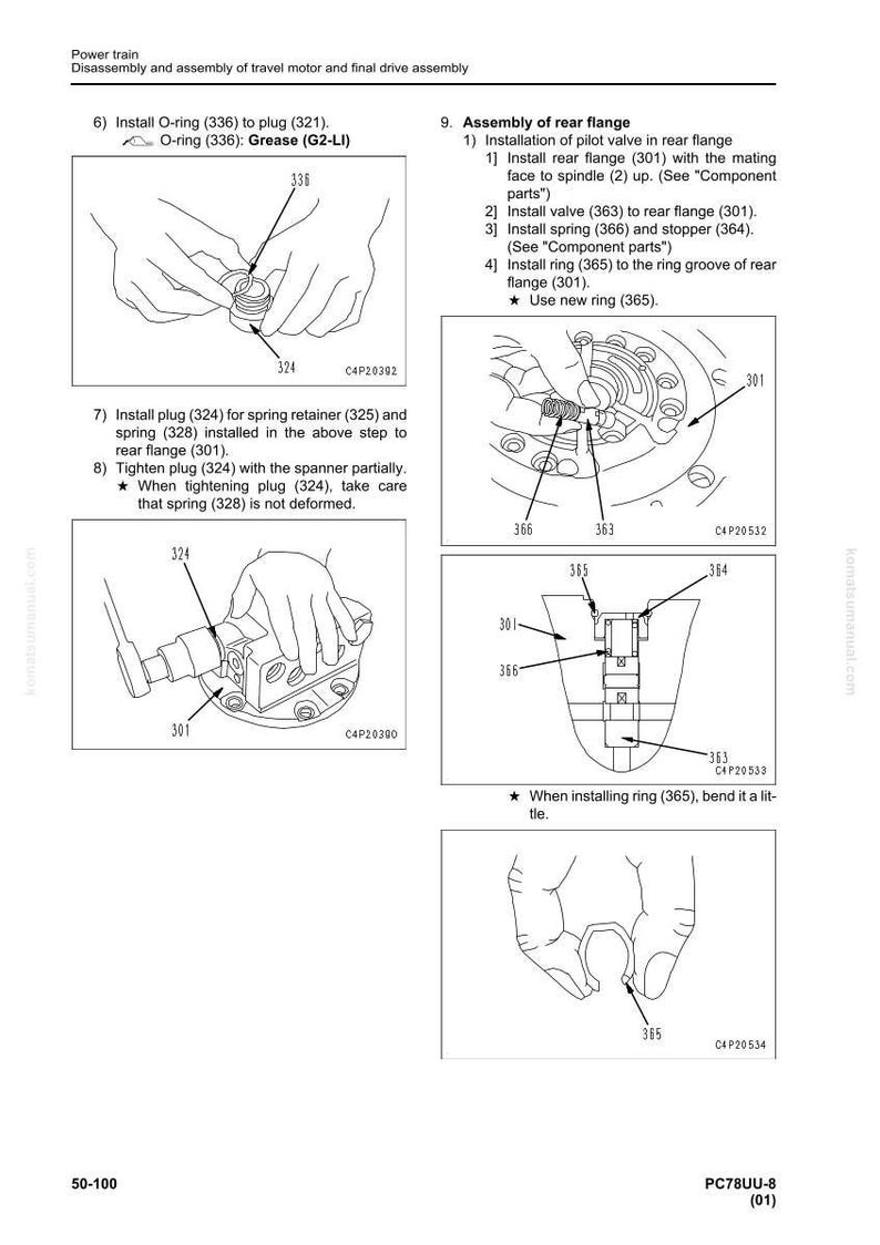 K&ouml;nnte beinhalten: Diagramm der Schritte zur Montage des Antriebsstrangs. Enth&auml;lt Illustrationen zum Einbau von O-Ringen, Stopfen, Federn und Ventilen. Das Bild liefert detaillierte Anweisungen f&uuml;r die mechanische Montage.