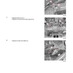 Op de afbeelding: Diagram van een motor met genummerde componenten en instructies in het Frans. De afbeelding toont close-up weergaven van motoronderdelen, waaronder schroeven, klemmen en een afdekking. Tekst bevat "MOTEUR" en figuurnummers.