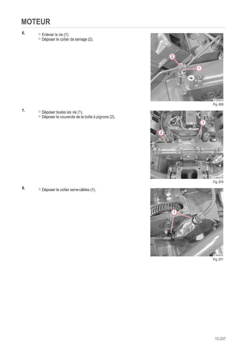 Op de afbeelding: Diagram van een motor met genummerde componenten en instructies in het Frans. De afbeelding toont close-up weergaven van motoronderdelen, waaronder schroeven, klemmen en een afdekking. Tekst bevat "MOTEUR" en figuurnummers.