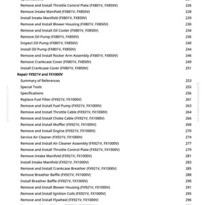 May include: A white page from a manual with a list of engine repair procedures, including "Remove and Install Throttle Control Plate" and "Remove Intake Manifold." The page numbers are on the right side. The website greenfarmmanuals.com is visible.