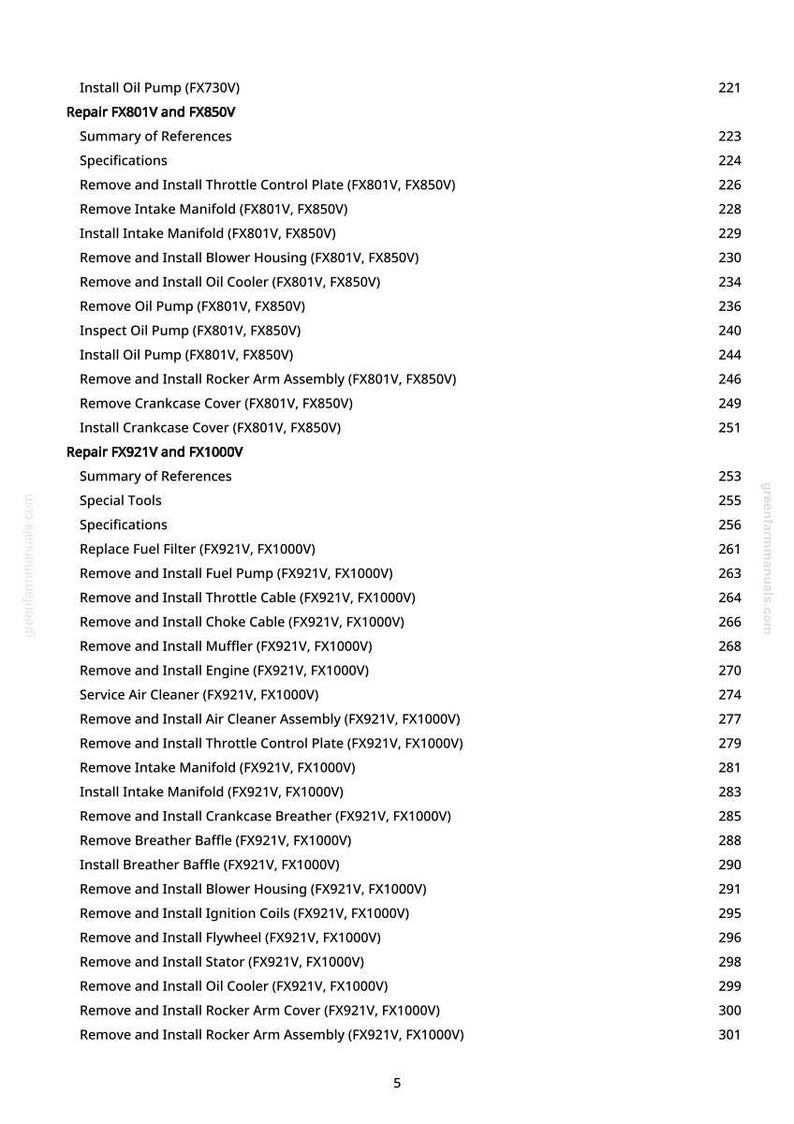 May include: A white page from a manual with a list of engine repair procedures, including "Remove and Install Throttle Control Plate" and "Remove Intake Manifold." The page numbers are on the right side. The website greenfarmmanuals.com is visible.