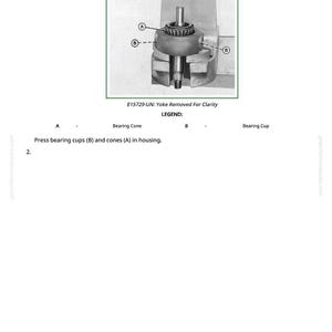 Op de afbeelding: Diagram van de montage van een mesaandrijvingshuis. De afbeelding toont de componenten, inclusief lagerkegels en -bekers, met labels A en B. Tekst geeft aan dat de juk is verwijderd voor de duidelijkheid.