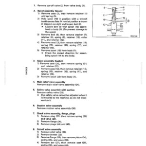 May include: A detailed technical diagram with numbered parts and instructions for disassembling and assembling a main control valve. The text includes steps for removing various components like the cut-off valve, spool assembly, and safety valve.