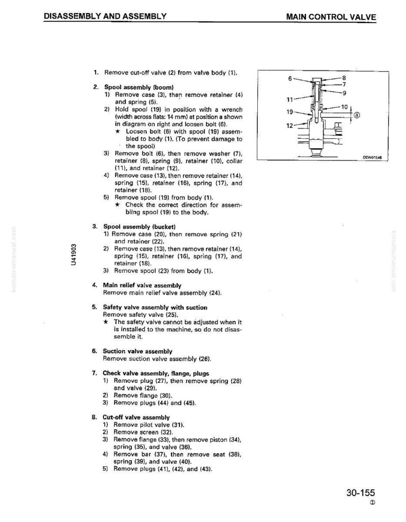 May include: A detailed technical diagram with numbered parts and instructions for disassembling and assembling a main control valve. The text includes steps for removing various components like the cut-off valve, spool assembly, and safety valve.