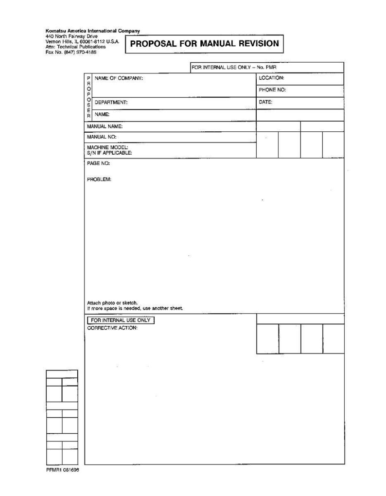 May include: A white document titled "PROPOSAL FOR MANUAL REVISION" with text fields for company information, manual details, and a problem description. Includes the Komatsu America International Company logo and contact information.