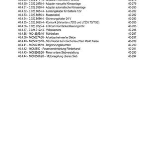 May include: A white page with a list of technical specifications and part numbers, including Leistungskabel, Wartungsscheinwerfer, and Klimaanlage. The document is titled "INHALT" and includes a page number.