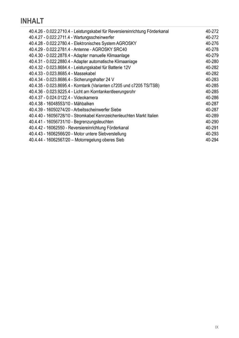 May include: A white page with a list of technical specifications and part numbers, including Leistungskabel, Wartungsscheinwerfer, and Klimaanlage. The document is titled "INHALT" and includes a page number.