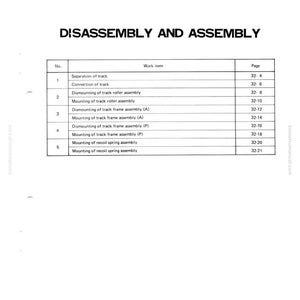 Pu&ograve; includere: Una pagina bianca con il titolo "DISASSEMBLY AND ASSEMBLY" in grassetto nero. Sotto, una tabella elenca elementi di lavoro come "Separation of track" e "Connection of track" con i relativi numeri di pagina. Il documento proviene da komatsumanual.com.