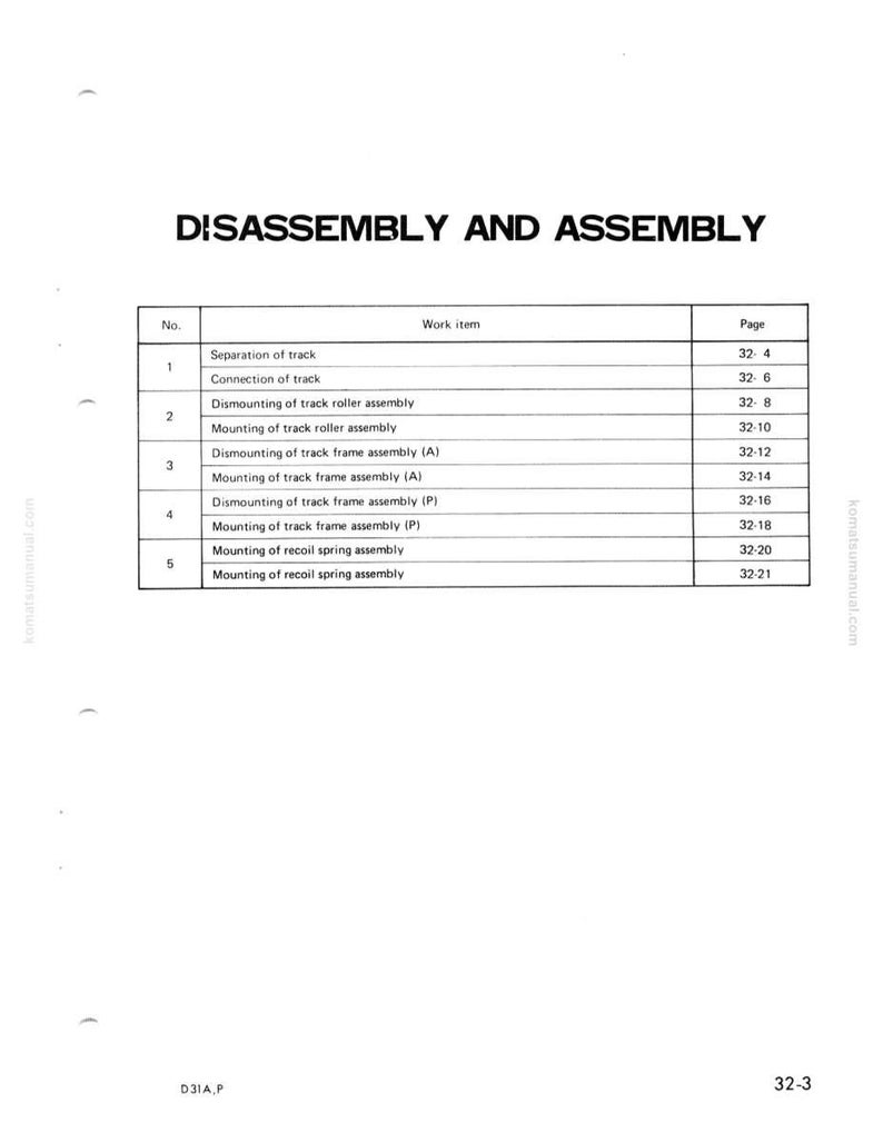 Pu&ograve; includere: Una pagina bianca con il titolo "DISASSEMBLY AND ASSEMBLY" in grassetto nero. Sotto, una tabella elenca elementi di lavoro come "Separation of track" e "Connection of track" con i relativi numeri di pagina. Il documento proviene da komatsumanual.com.