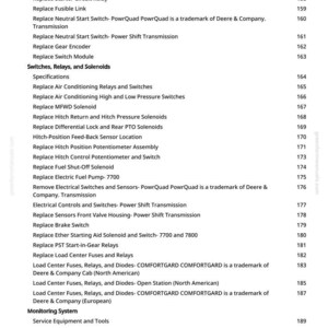 May include: A detailed page from a manual, listing specifications and procedures for a machine. The text includes items like "Replace Air Conditioning Relays and Switches" and "Replace Fuel Shut-Off Solenoid."