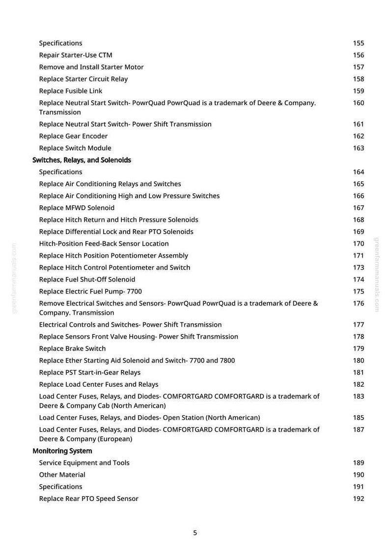 May include: A detailed page from a manual, listing specifications and procedures for a machine. The text includes items like "Replace Air Conditioning Relays and Switches" and "Replace Fuel Shut-Off Solenoid."