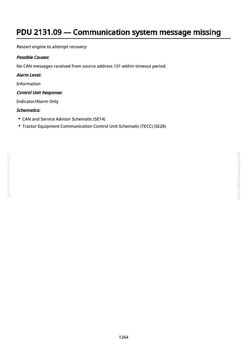 K&ouml;nnte beinhalten: Eine wei&szlig;e Seite mit dem Titel "PDU 2131.09 - Kommunikationssystemmeldung fehlt". Der Text beschreibt m&ouml;gliche Ursachen, Alarmebenen und Steuerger&auml;teantworten. Schemata sind ebenfalls enthalten.