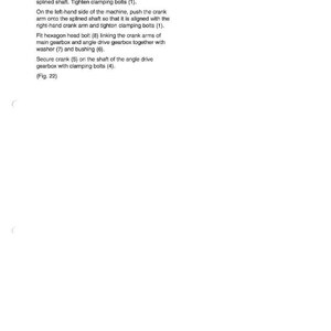 May include: A white page with text detailing machine drive instructions. The text includes steps for cleaning splines, moving crank arms, and securing bolts. A small illustration of a container with a brush is in the upper right corner.
