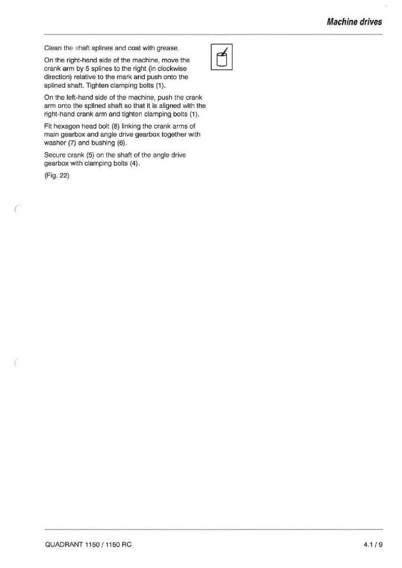 May include: A white page with text detailing machine drive instructions. The text includes steps for cleaning splines, moving crank arms, and securing bolts. A small illustration of a container with a brush is in the upper right corner.