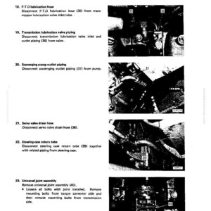 May include: An automotive repair manual page with the title "POWER TRAIN" and "DISASSEMBLY AND ASSEMBLY". The page includes diagrams and instructions for various components, such as hoses, piping, and the universal joint assembly.