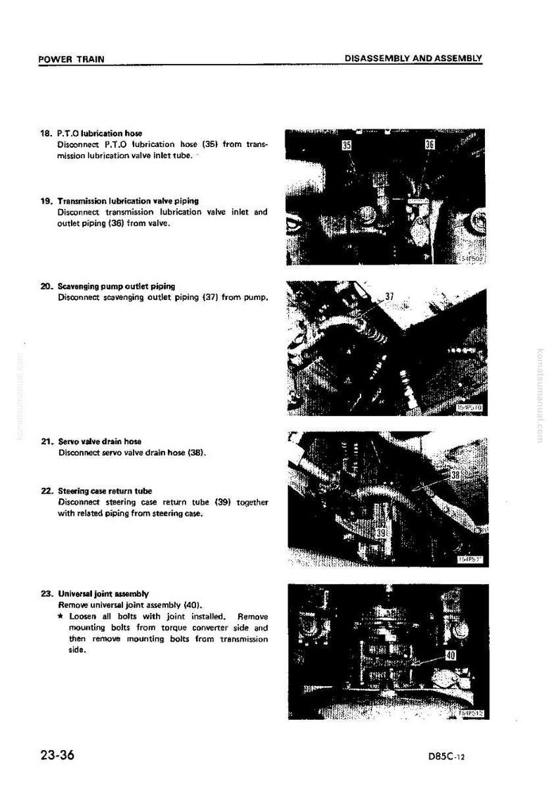 May include: An automotive repair manual page with the title "POWER TRAIN" and "DISASSEMBLY AND ASSEMBLY". The page includes diagrams and instructions for various components, such as hoses, piping, and the universal joint assembly.