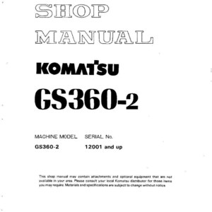May include: A white shop manual cover with the text "SHOP MANUAL" in large, outlined letters. Below is the brand name "KOMATSU" and the model "GS360-2" in bold, black font. The bottom of the cover includes the machine model and serial number.
