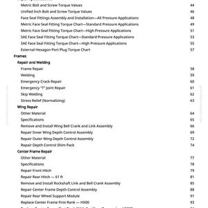 May include: A white page from a manual with black text detailing repair specifications and procedures for agricultural machinery. The text includes torque values, fitting charts, and repair instructions for various components.