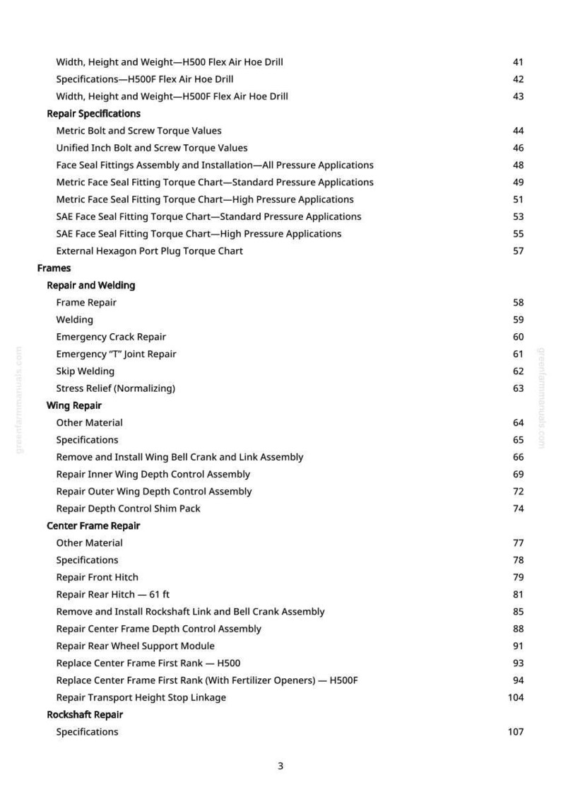 May include: A white page from a manual with black text detailing repair specifications and procedures for agricultural machinery. The text includes torque values, fitting charts, and repair instructions for various components.
