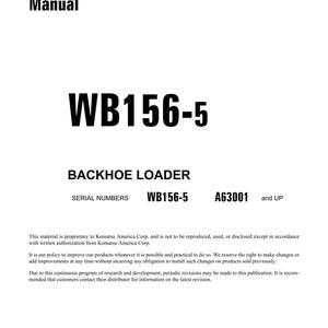 May include: A white Shop Manual with the text "WB156-5" in bold black letters. The manual is for a Backhoe Loader and includes serial numbers. The document is from June 2010 and printed in the USA.