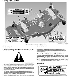 May include: Diagram of a mower deck with safety labels. The labels warn of rotating blades and potential hazards. The image includes text and symbols indicating danger and caution, with a focus on safe operation.