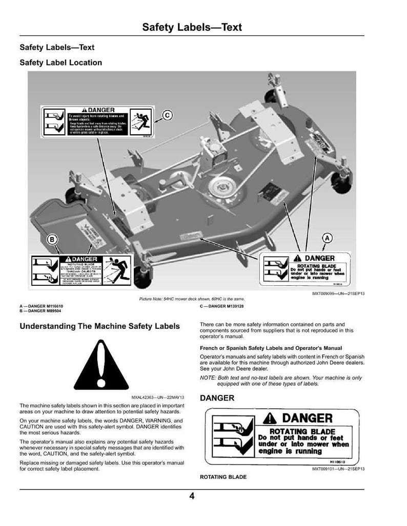 May include: Diagram of a mower deck with safety labels. The labels warn of rotating blades and potential hazards. The image includes text and symbols indicating danger and caution, with a focus on safe operation.