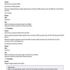 May include: A page of technical instructions with numbered procedures for repairing a speed sensor. The text includes steps for checking voltage, resistance, and replacing components. The document is in black text on a white background.