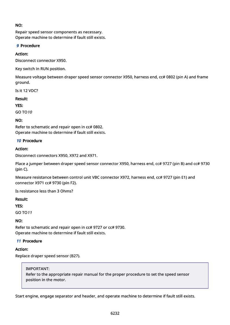 May include: A page of technical instructions with numbered procedures for repairing a speed sensor. The text includes steps for checking voltage, resistance, and replacing components. The document is in black text on a white background.