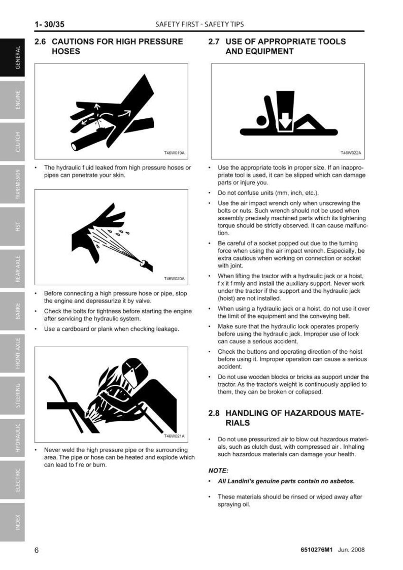 May include: Diagram illustrating safety tips with text and images. Topics covered include high-pressure hoses, tool usage, and handling hazardous materials. Warnings about potential injuries and safety precautions are included.