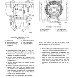 May include: Technical diagram of a cooling system, featuring detailed illustrations of radiator piping and a fan guard. Includes labels and numbered components for identification, along with instructions for maintenance and removal.